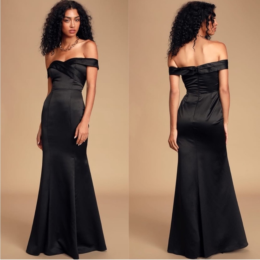 Lulus Black Satin Adored Forever Maxi Dress size XS off the shoulder